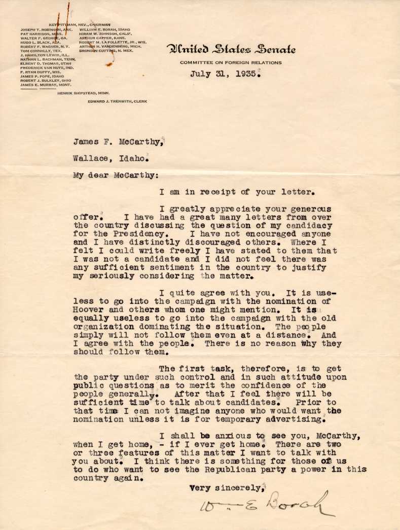 Letter, William E. Borah to J.F. McCarthy, 1935