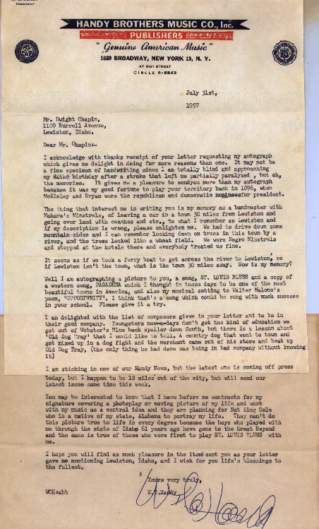 Typescript: Handy, W. C. Letter, July 31, 1957, New York
