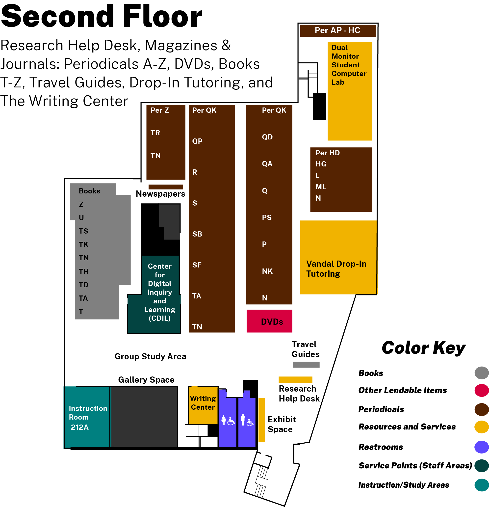 map of Second Floor highlighting services as described in the content