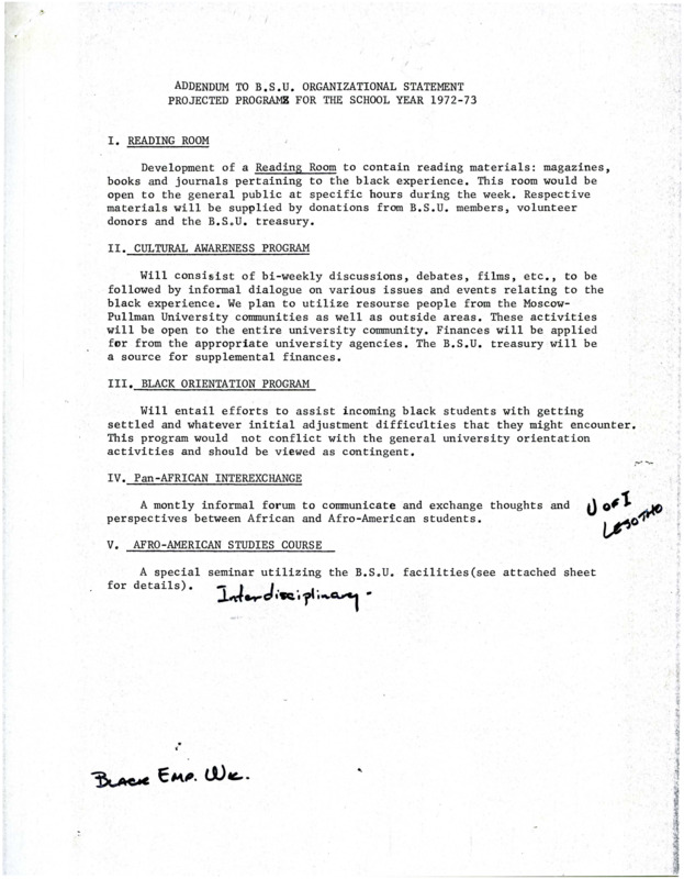 Addendum to B.S.U Organizational Statement Projected Program for the School Year 1972-1973