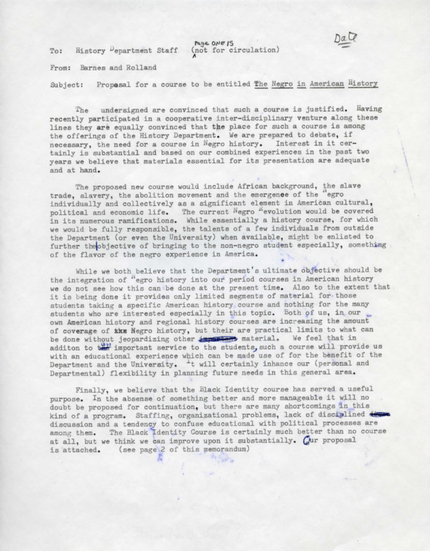Correspondence regarding "Proposal for a course to be entitled 'The Negro in American History'"