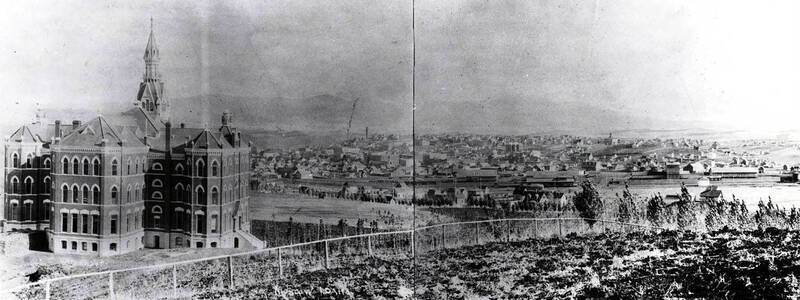 Visible: Old Administration building, old stand pipe, school buildings, and courthouse