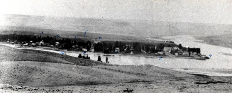 Taken from north side of Clearwater and showing confluence of the Snake and Clearwater Rivers. Buildings identified on back of mount