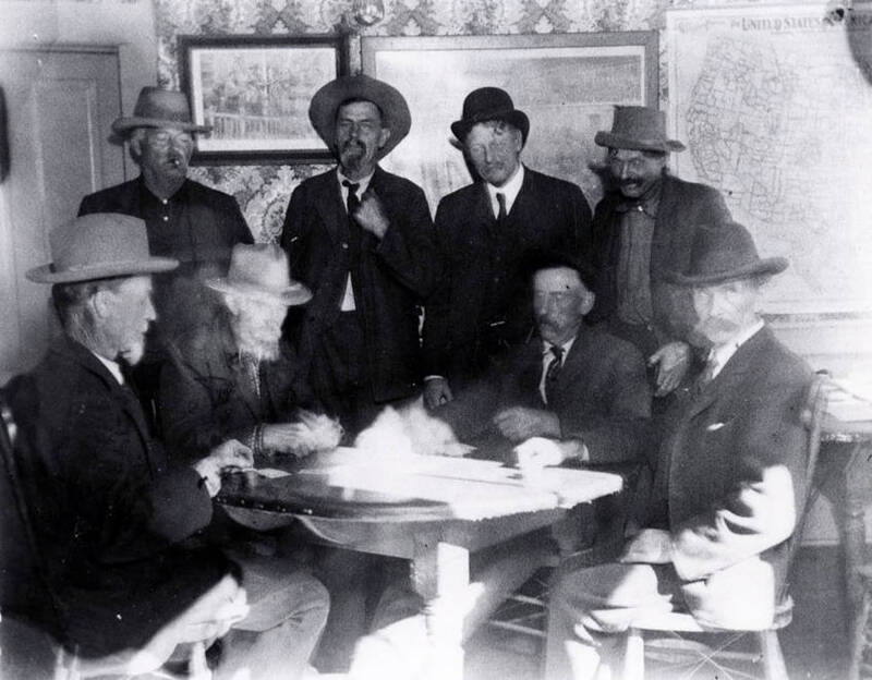 Standing, L-R: Alda Davis (1864?), John Riggins (1877), G.V. Smith (1874?), George Riggins (1865?). Seated, L-R: Charles Flinn (1861?), William Corman (1868), Cyrus Overman (1871), and Joe Baker (1863?)