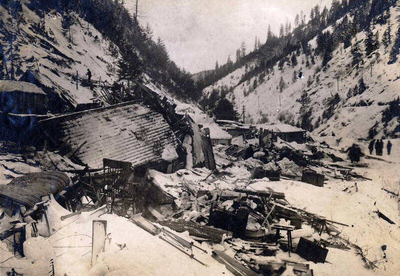 Demolished homes from snowslide. Mace, Idaho.