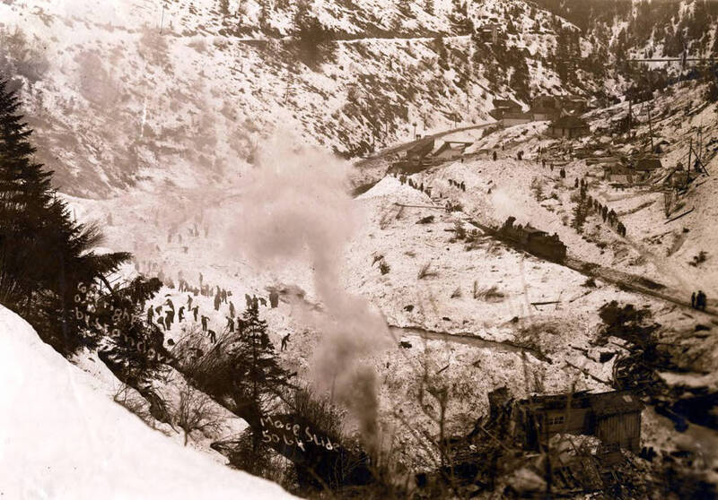 Looking down into Mace, Idaho after the snowslide.