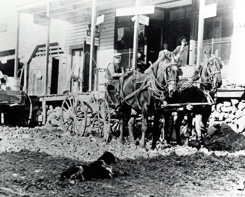 Wagon pulled by team and men on porch in front of Erb Brothers General Store.