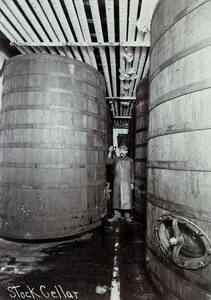 Brew master is checking contents of large aging vats
