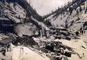 Demolished homes from snowslide. Mace, Idaho.