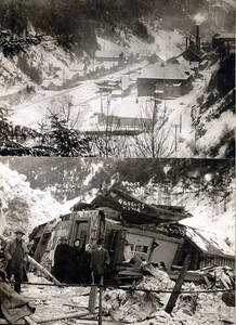 Pascoe home demolished by snowslide and view of Mace, Idaho.