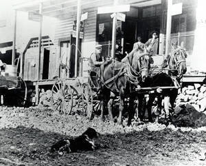 Wagon pulled by team and men on porch in front of Erb Brothers General Store.