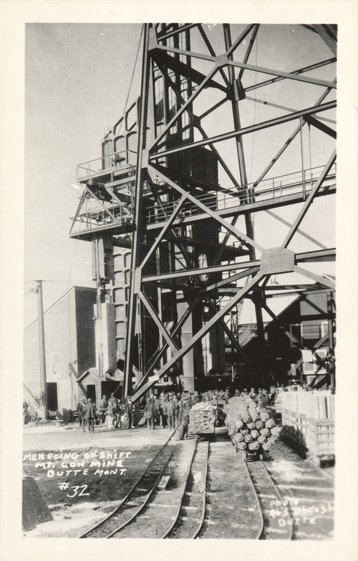 Postcard of men at a mine in Butte, Montana.