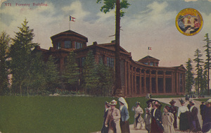 Postcard of the Forestry Building at the Alaska-Yukon-Pacific Exposition in 1909 in Seattle, Washington. The grounds of the exposition later became the University of Washington campus.