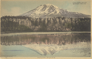 Postcard is a view of Mount Adams from the Columbia River. | Columbia River Scenes, Oregon. Olde, Wortman & King, Portland. Hand-colored. Mount Adams.