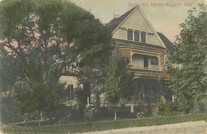 Postcard is of the old Sigma Nu House in Eugene, Oregon. This building was purchased by Northwest Christian University and torn down. The interior of this house was used for the Animal House (1978) film.