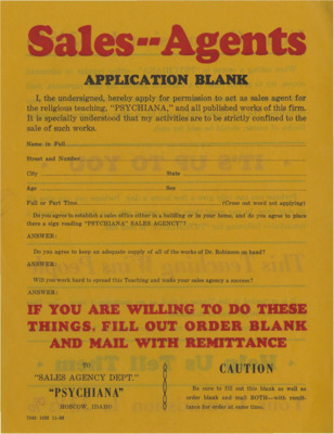Fill out and sign enclosed 'Sales Agents Application Blank'. Notice to inform students about becoming sale agents for Psychiana and receiving a 33 1/3% commission.