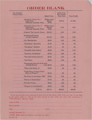 Order form blank for Psychiana written materials with retail, cost, and profit columns.