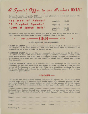 A single-page advertisement and detachable order form at the bottom. Members offered a 28 1/2% discount for three of Frank B. Robinson�s books.