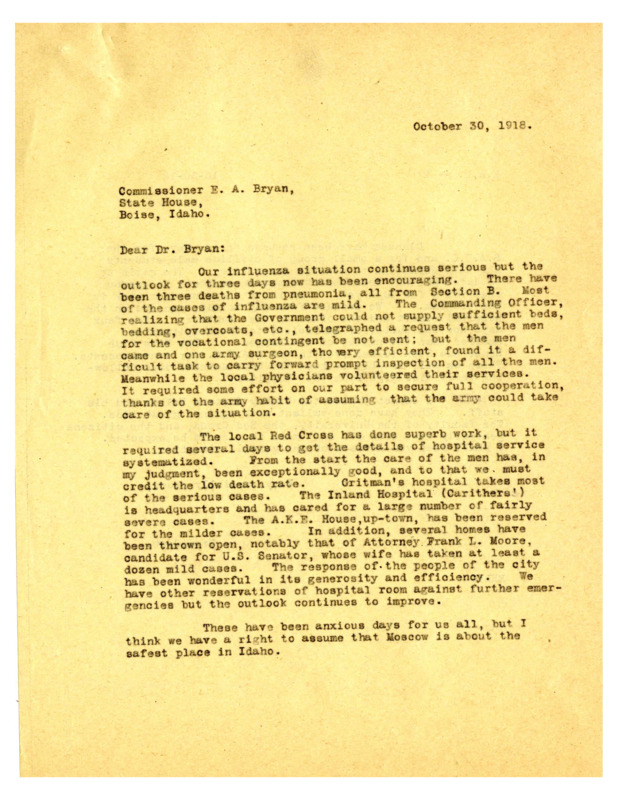 Letter from President Lindley to Commissioner E.A. Bryan, October 30, 1918