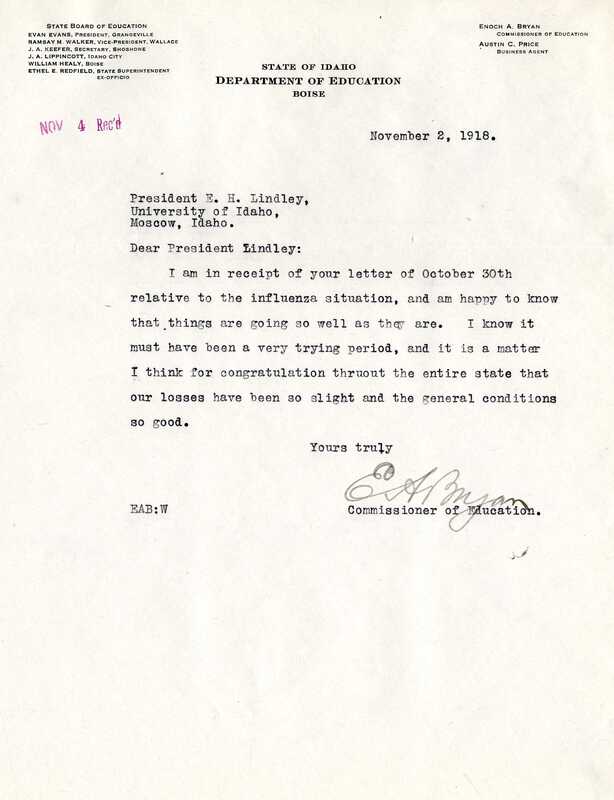 item thumbnail for Letter from Commissioner E.A. Bryan to President Lindley, November 2, 1918