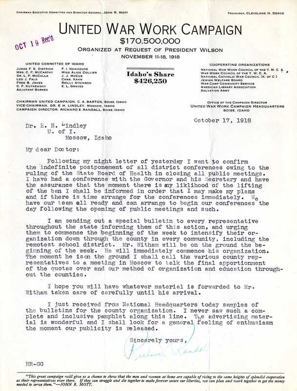 item thumbnail for Letter from Richard E. Randall to President Lindley, October 17, 1918
