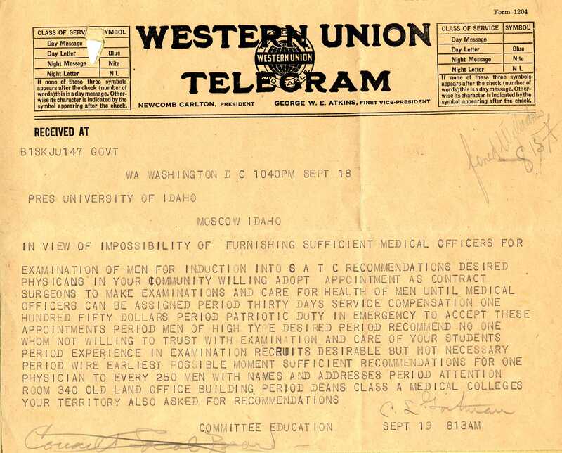 item thumbnail for Telegram from Committee on Education to President Lindley, September 19, 1918