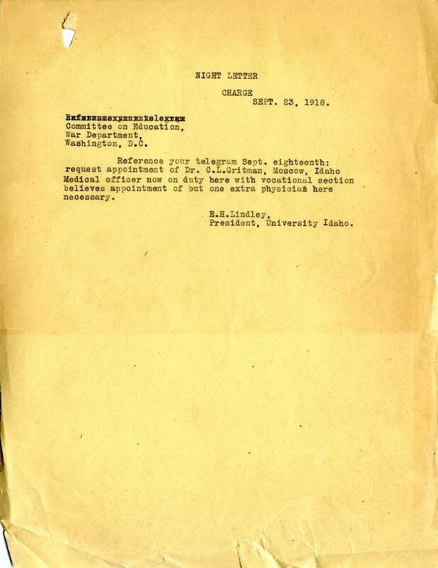 item thumbnail for Night Letter to President Lindley, September 23, 1918