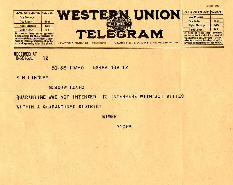 item thumbnail for Telegram from Biwer Secy to President Lindley, November 12, 1918