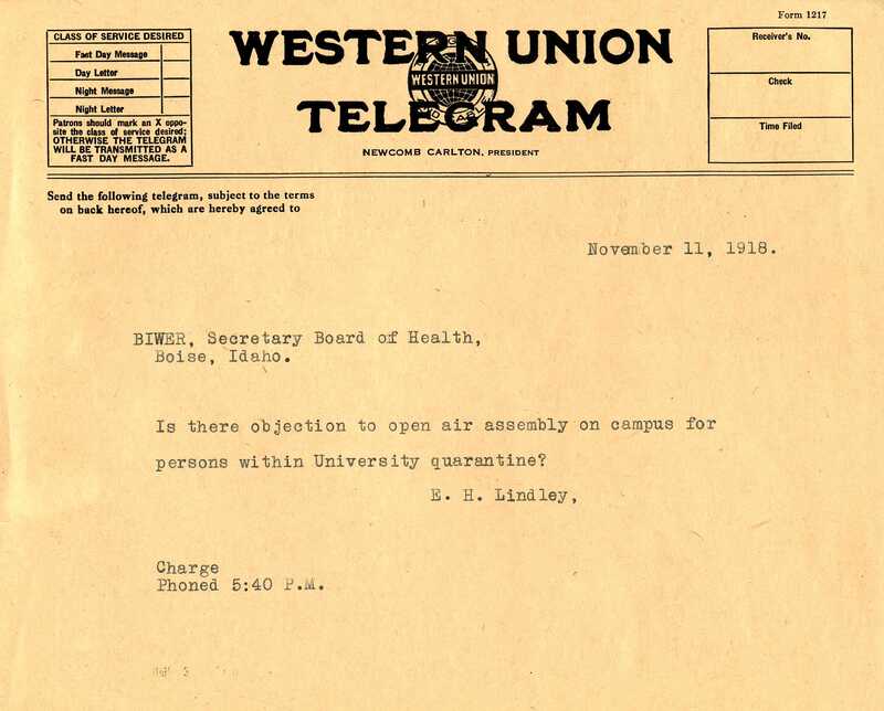 item thumbnail for Telegram from President Lindley to Biwer Secy, November 11, 1918