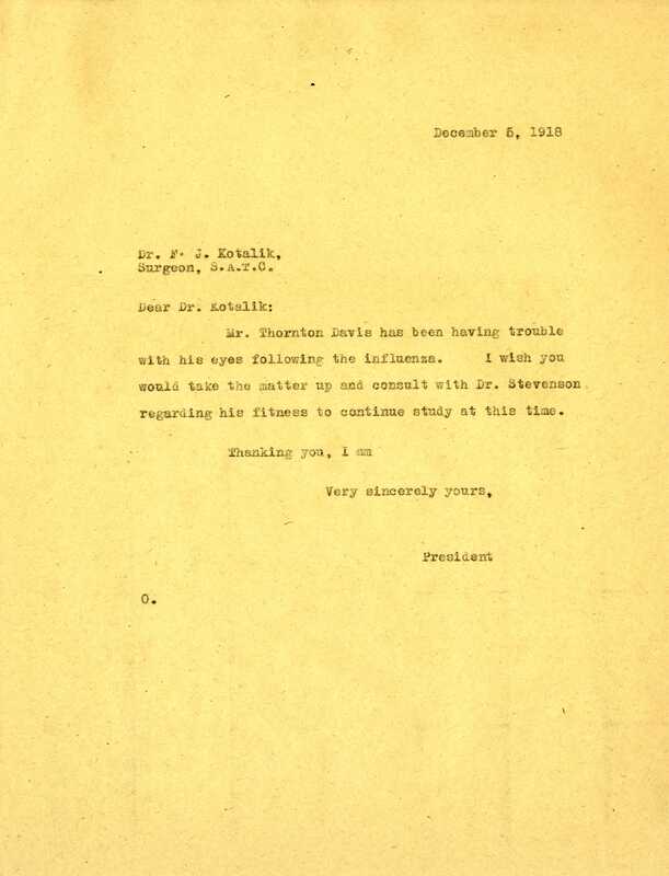 item thumbnail for Letter from President Lindley to Dr. Kotalik, December 6, 1918