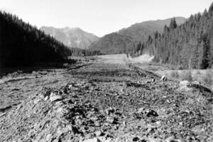 Work on the northern end of the Big Creek airstrip, Goat Mountain in view
