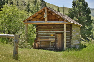 Small cabin built by Merl Wallace at Cabin Creek, restored