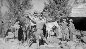 Richard Rutledge throwing a diamond hitch, at the Lewis Lodge on Big Creek, Big Creek Ranger District