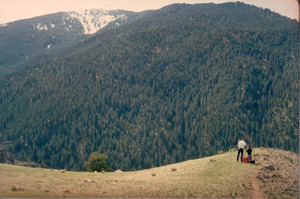 Jim Wood and Terry Mauer from University of Idaho News Bureau doing documentary on Taylor Wilderness Research Station and wildlife, at the first bench looking south