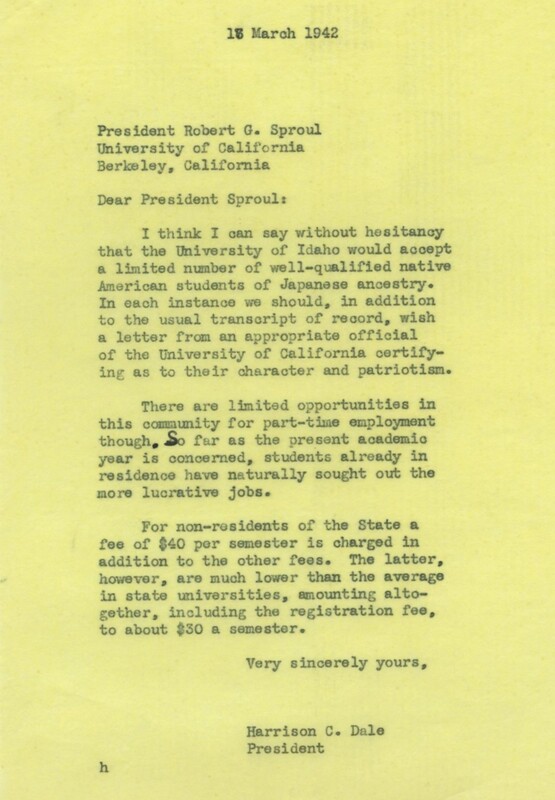 item thumbnail for Letter from President Dale to University of California, Berkley's President Sproul