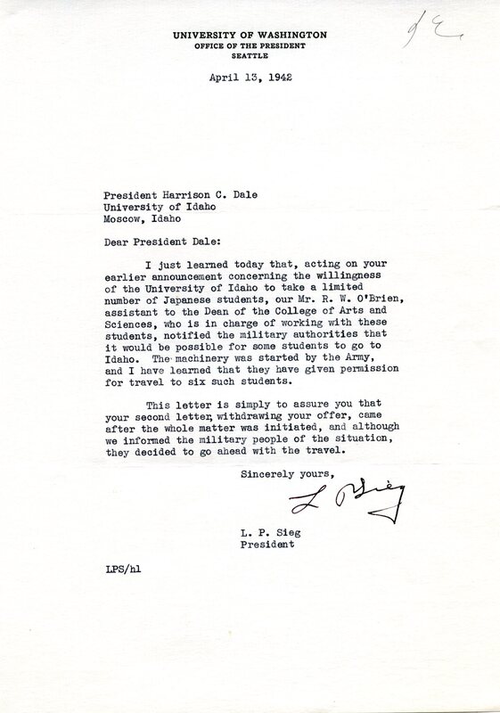 Letter from President L.P. Sieg to President Dale