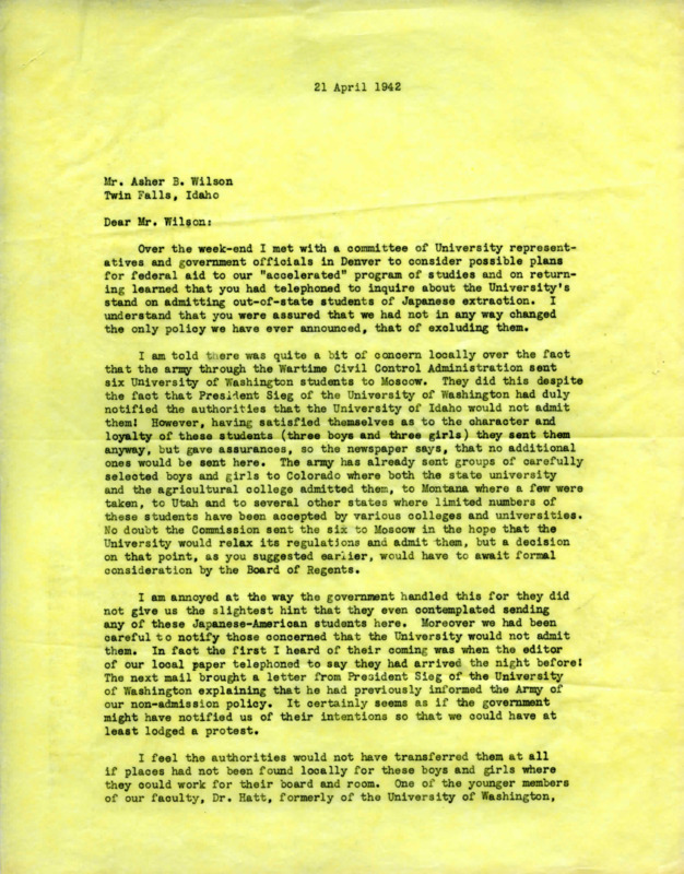 Letter from President Dale to Asher B. Wilson