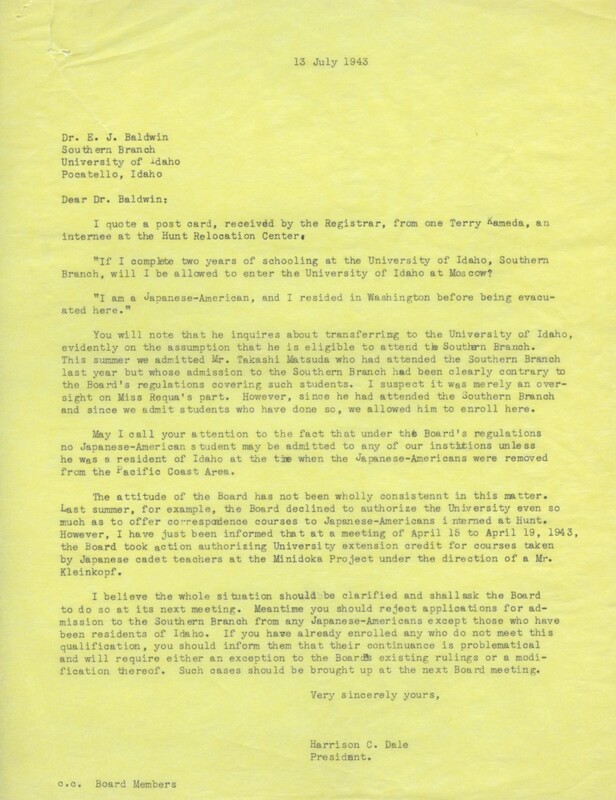 item thumbnail for Letter from President Dale to E.J. Baldwin