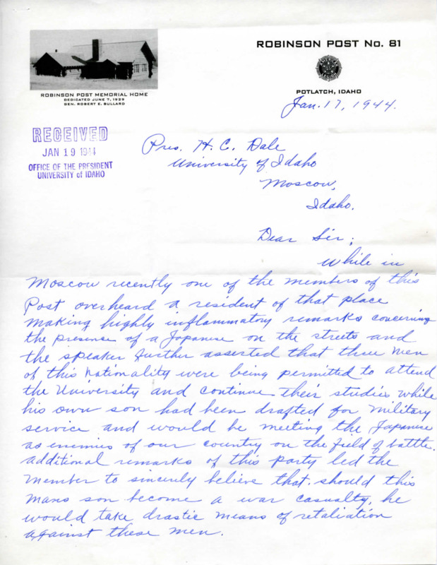 Letter from Commander Rex Gross to President Dale