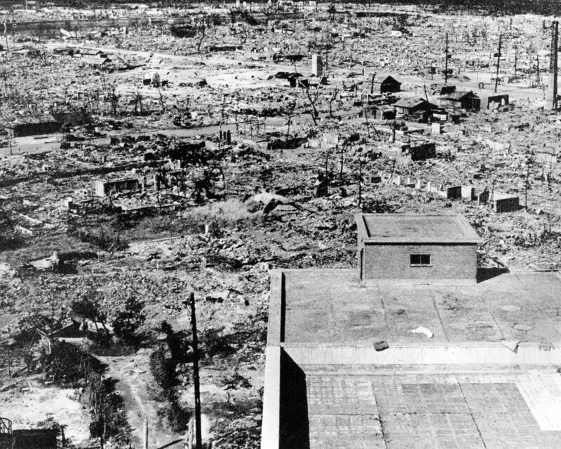 item thumbnail for Red Cross hospital looking northwest, Hiroshima. Standing buildings were erected after the blast.
