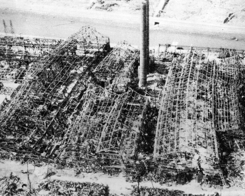 item thumbnail for Destroyed industrial area showing smoke stacks still standing. 0.51 mile from ground zero at Nagasaki.