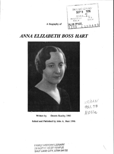 A biography of Anna Elizabeth Boss Hart (book cover)