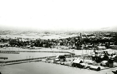 Panoramic view of Moscow, Idaho with the fairgrounds in the foreground, circa 1907