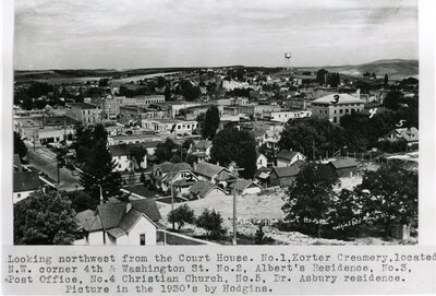 View of downtown Moscow, Idaho from the courthouse, taken in the 1930s