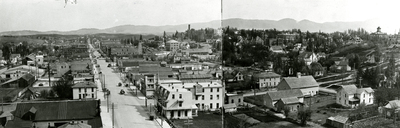 A panoramic view of Moscow, Idaho including Main Street and residential areas.  Moscow Mountain can be seen in the background.