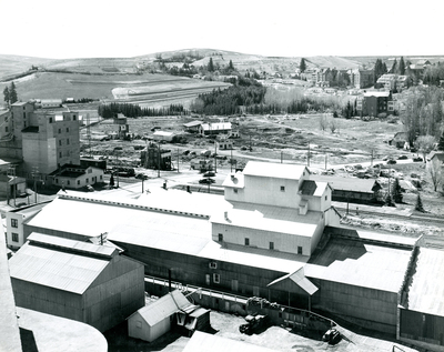 Panoramic view of southwest Moscow, Idaho showing the railroad and University of Idaho