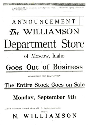 Williamson's Department Store going out of business announcement