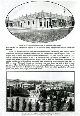 Two photos and text of pamphlet showing First Trust Company and panoramic view of Moscow