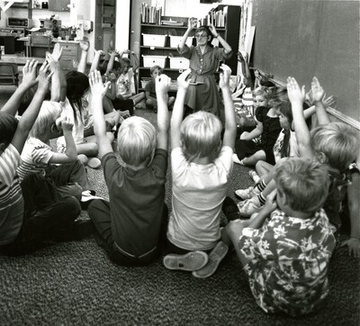 Moscow Public Library interior with children at story time