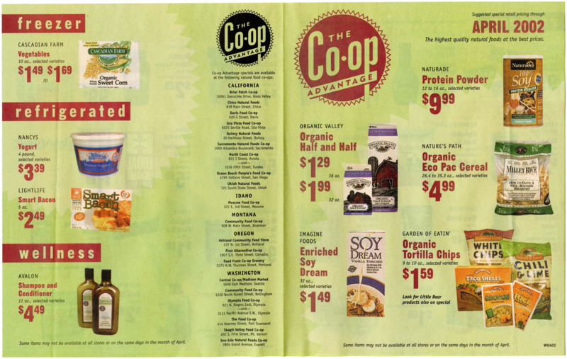 Newsletter from the Co-op Advantage listing special pricing for various natural co-ops, including the Moscow Food Co-op.